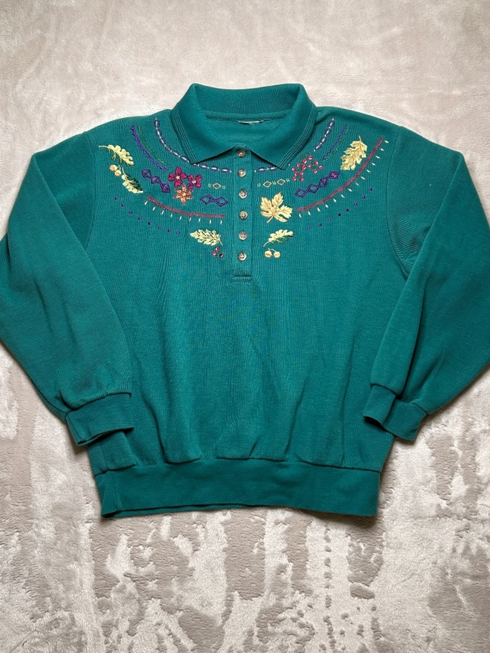 Vintage 90s Embroidered Long Sleeve Polo Shirt Womens L/XL Green Floral Cottage